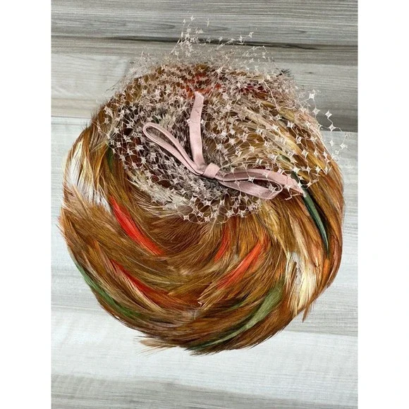 1950s VTG Feather Turban Hat by Mr. Michael Exclusive Satin Bow Multicolor Retro